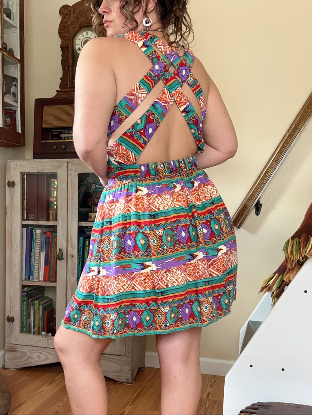 Vintage Mink Pink Y2K Multicoloured Boho Southwestern Mini Dress open back M